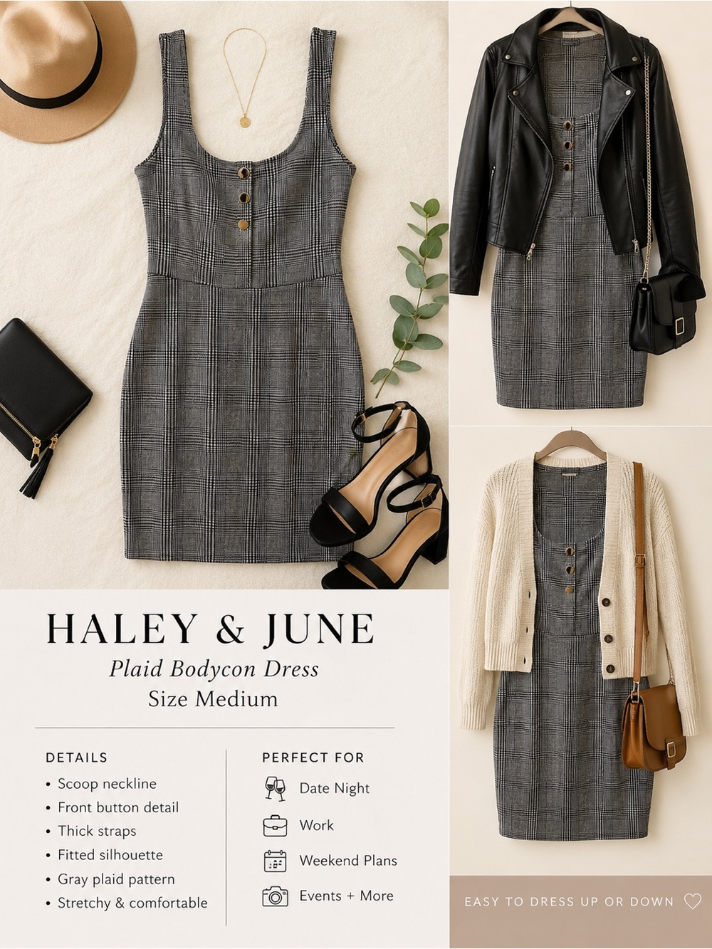 Haley & June Gray Plaid Bodycon Dress | Size Medium